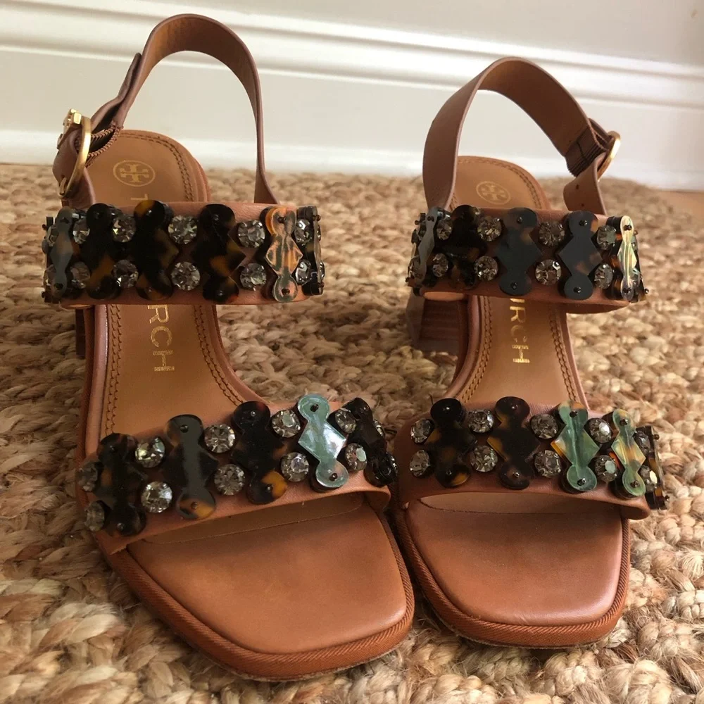 Tory Burch Delaney Embellished Heeled Sandal. Calf Leather. Size 6.5